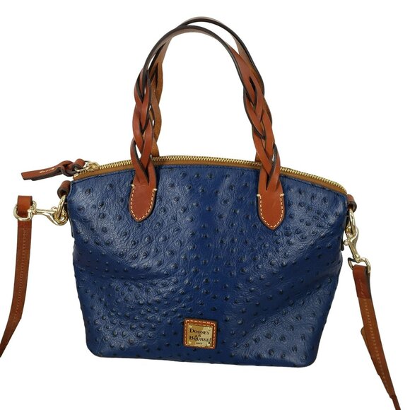 Dooney & Bourke Blue Ostrich Leather Celeste Satchel Shoulder Bag Brown Purse - Picture 2 of 11